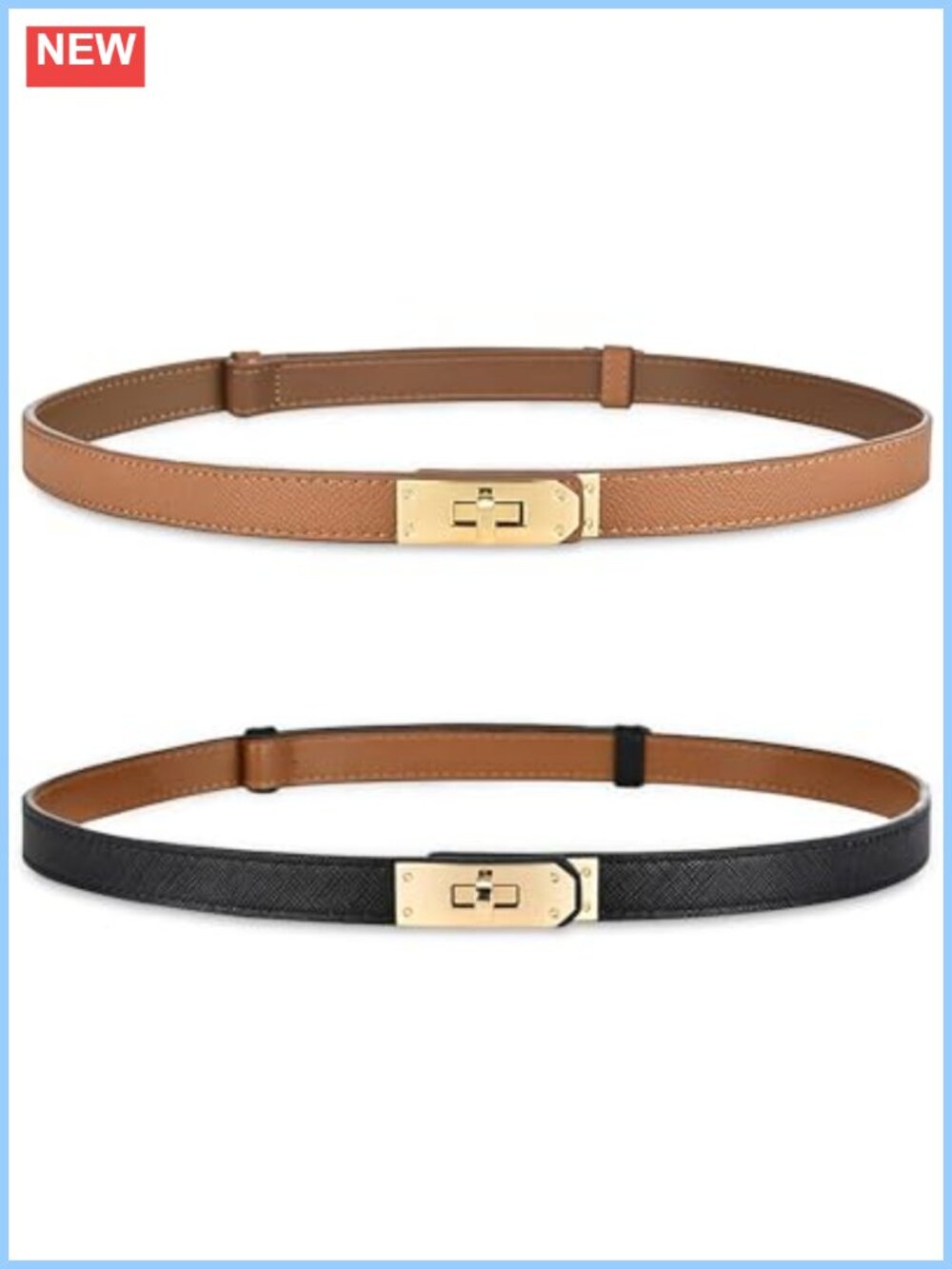 Skinny Leather Belt Adjustable Golden Turn-Lock Buckle for Dresses Jeans Coats